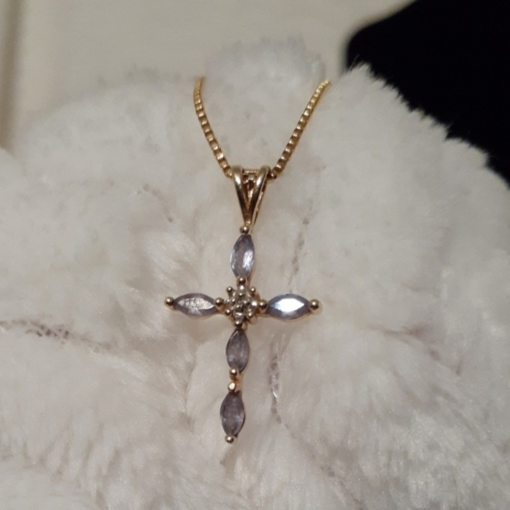 Solid 14k Gold Tanzanite Diamond Cross Pendant - Picture 3 of 14